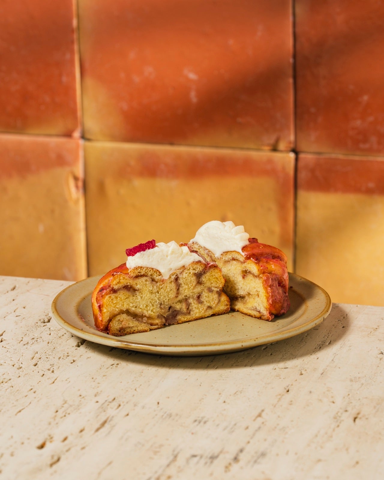 Raspberry brioche tart, split